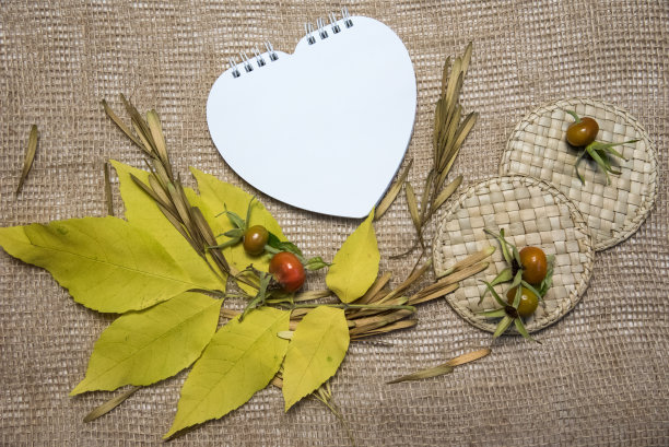 模拟场景。空白的心形笔记本，干种子，稻草工作和玫瑰果在棕色麻布背景。平铺，俯视图。秋天的自然风格。图片下载