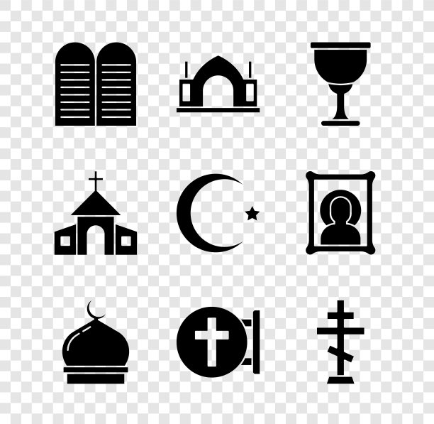 设置戒律，印度教精神寺庙，圣杯或圣杯，穆斯林清真寺，基督教十字架，教堂建筑和星月图标。向量图片下载
