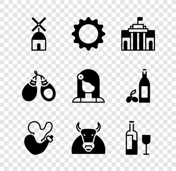 集风车，太阳，普拉多博物馆，西班牙葡萄酒，公牛，葡萄酒瓶与玻璃，Castanets和女人图标。向量图片下载