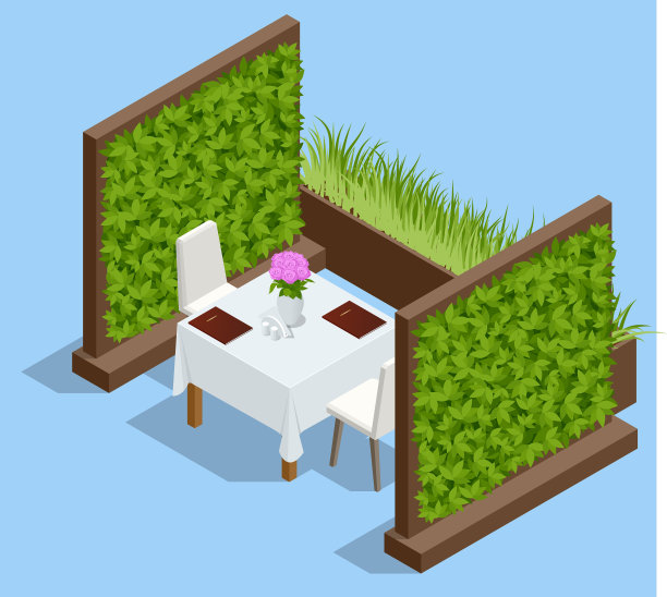 餐厅等距绿墙和木桌图片下载