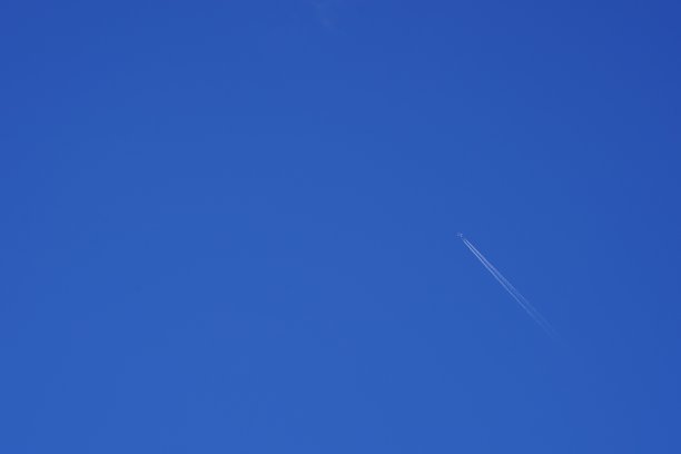 飞机在高空飞行，留下白色的痕迹或尾迹。背景上的蓝天有很大的复制空间。图片下载