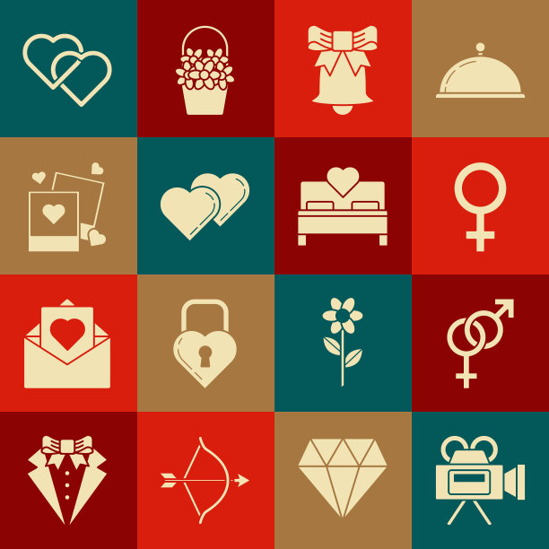 设置电影摄影机，性别，女性性别符号，铃声，两颗相连的心，空白相框和心，和卧室图标。向量图片下载