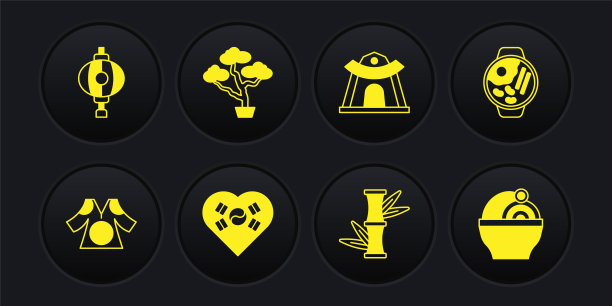 集和服、拉面、爱心韩国、竹子、韩国寺庙、盆景树、灯笼等为一体。向量图片下载