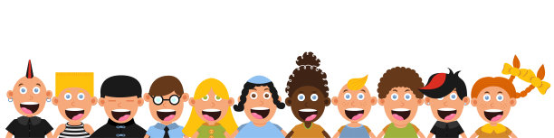 快乐微笑的孩子在白色的背景边图案。儿童卡通多文化人物设定。国际儿童团队向量插图。图片下载