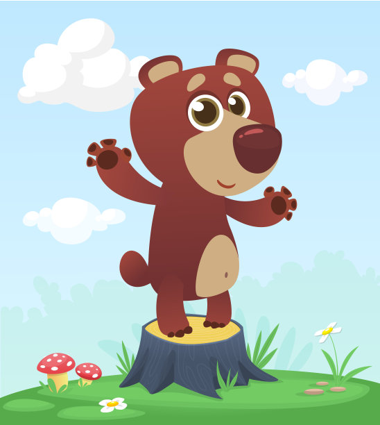 卡通滑稽和快乐的熊站在夏天的草地上树桩。矢量图图片下载
