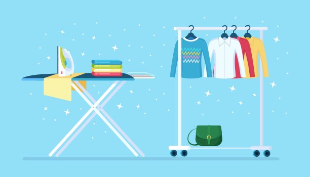 女式衣柜和带熨斗的熨衣板。金属衣架与衣服，包挂在精品。商店站与时尚的服装。更衣室内部。矢量图图片下载