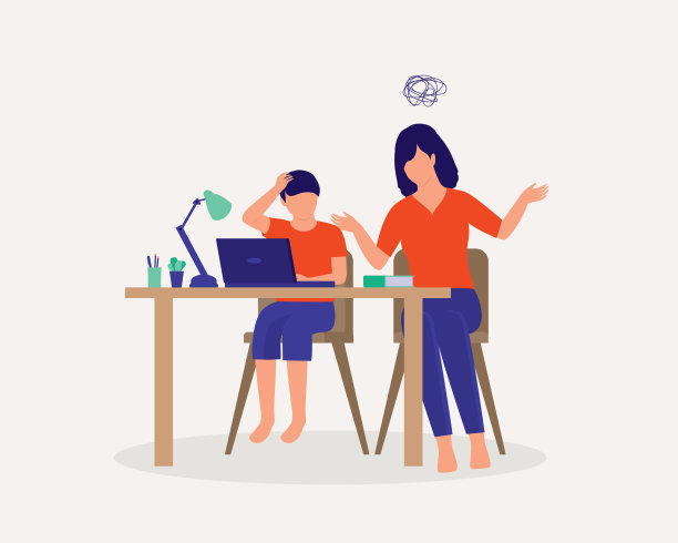 沮丧的妈妈教儿子在家做作业。COVID-19大流行期间的在线学校。远程教育。远程学习。图片下载