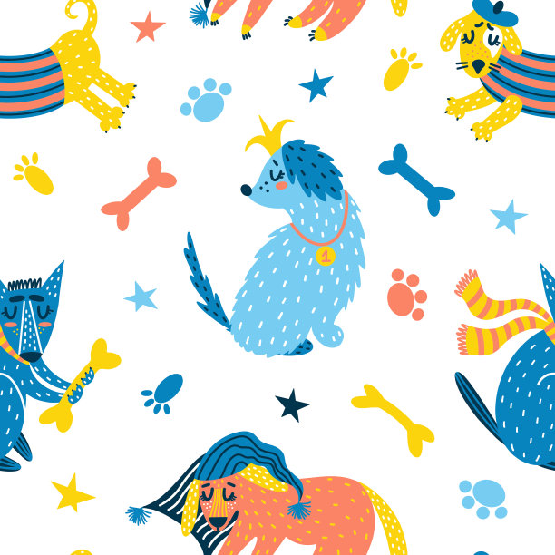 可爱的卡通狗无缝矢量图案。有趣的小狗睡觉，跑，玩。手绘色彩涂鸦。简单的儿童插图在白色的背景。动物在一个平面风格的装饰和纺织品。图片下载