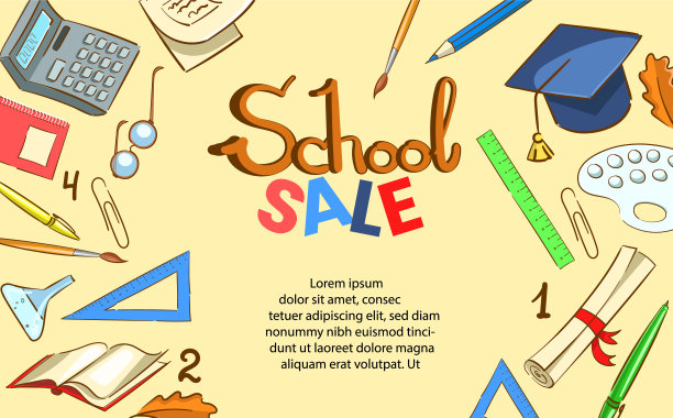 横幅学校出售，学校背景。字母学校和销售。铅笔，尺子，枫叶，钢笔，计算器，杂志图片下载