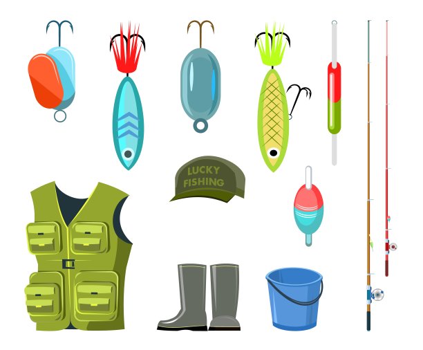 钓具集。鱼竿，浮子和鱼钩。孤立在白色背景上。衣服，设备和鞋子。向量。图片下载
