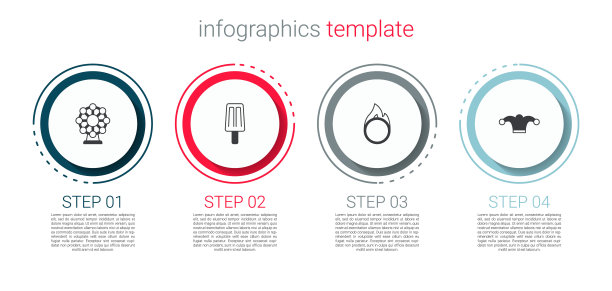 设置摩天轮，冰淇淋，马戏团火圈和小丑帽子与铃铛。业务信息模板。向量图片下载
