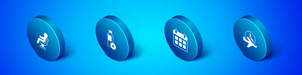 设置在机场候机楼等待的等距人员，日历和飞机，飞行时间和无水瓶图标。向量图片下载