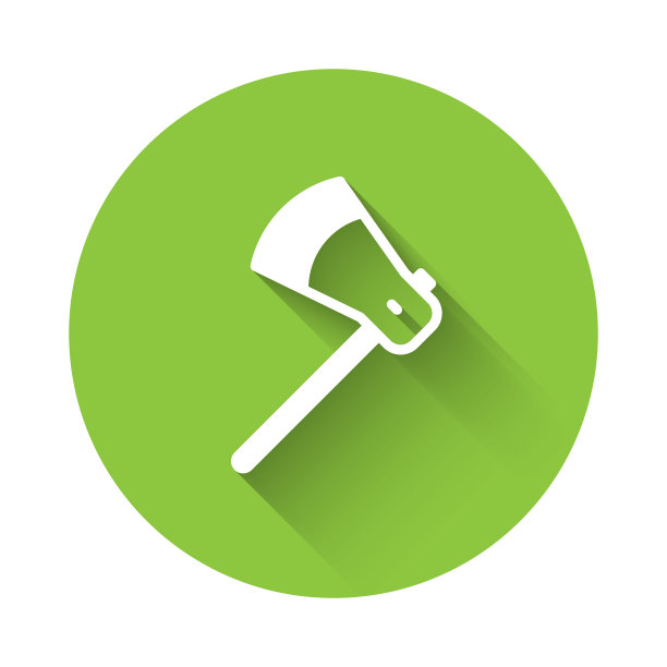 白色木斧图标孤立与长阴影背景。伐木工人斧头。绿色圆圈按钮。向量图片下载