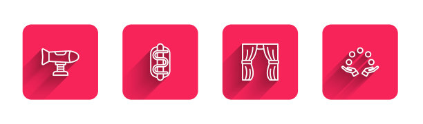 摆线、热狗三明治、马戏团幕启、长影杂耍球。红场按钮。向量图片下载