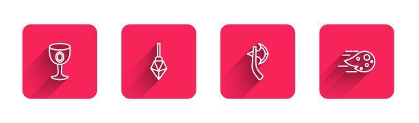 设置线中世纪高脚杯，魔法石，木斧和火球与长影子。红场按钮。向量图片下载