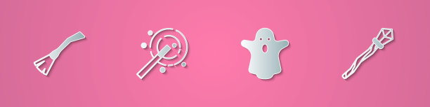 剪纸集女巫扫帚、魔棒、幽灵和权杖图标。纸艺术风格。向量图片下载