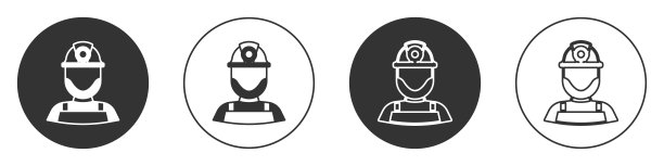 黑色矿工在一个头盔图标隔离在白色背景。圆按钮。向量图片下载