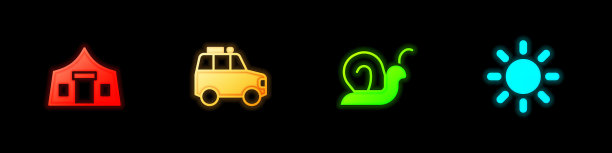 设置旅游帐篷，汽车，蜗牛和太阳图标。向量图片下载