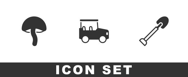 设置蘑菇，Safari汽车和铲子图标。向量图片下载
