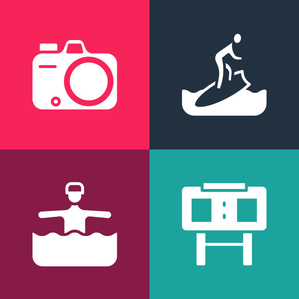 设置流行艺术运动机械记分牌，水体操，冲浪板和照片相机图标。向量图片下载