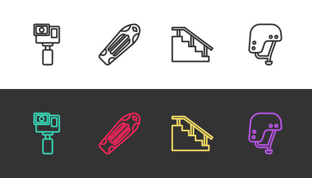 设置线的行动相机，滑板甲板，楼梯与栏杆和头盔在黑白。向量图片下载