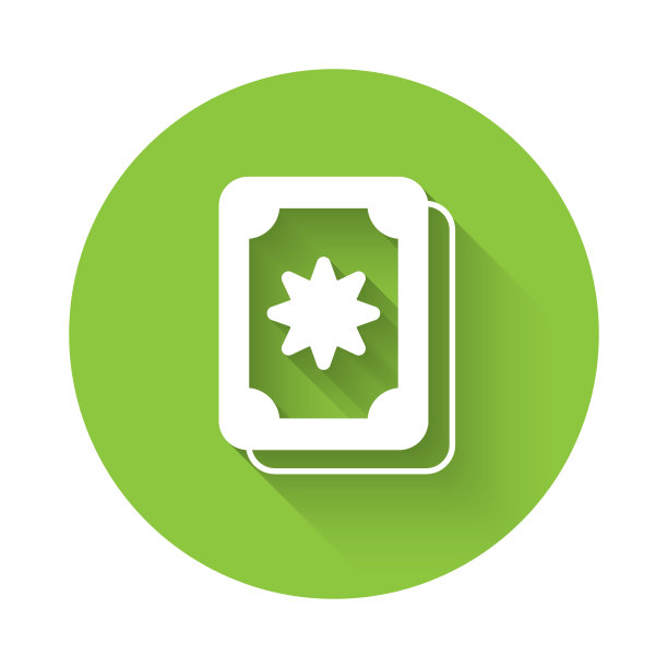 白色塔罗牌图标与长阴影背景隔离。魔法神秘的一套塔罗牌。绿色圆圈按钮。向量图片下载