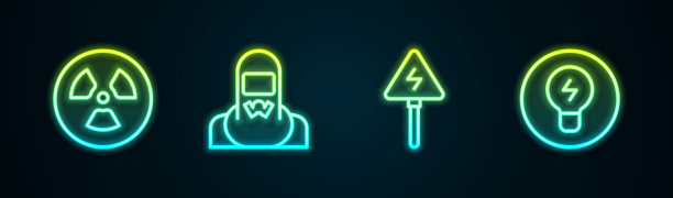 设置线放射性，核反应堆工人，高压标志和灯泡的概念的想法。发光的霓虹灯图标。向量图片下载