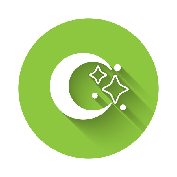 白色月亮和星星图标孤立与长阴影背景。多云的夜晚的迹象。睡眠的梦想的象征。满月。晚上或睡觉时间的标志。绿色圆圈按钮。向量图片下载