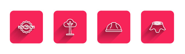 设置线电动圆锯，树，工人安全帽和树桩与长影子。红场按钮。向量图片下载