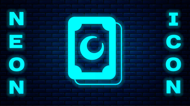 霓虹灯塔罗牌图标孤立在砖墙背景。魔法神秘的一套塔罗牌。向量图片下载