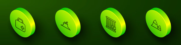 设置等距线急救箱，树桩，动物笼和山脉图标。向量图片下载