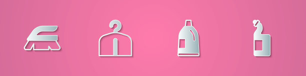 集剪纸刷清洗，衣架衣柜，瓶剂和洗碗液瓶图标。纸艺术风格。向量图片下载