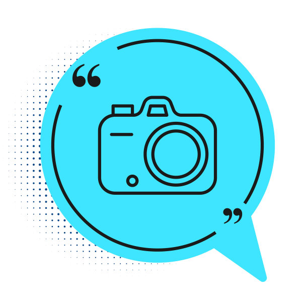 黑线照片相机图标孤立在白色背景。与相机。数码摄影。蓝色语音气泡符号。向量图片下载