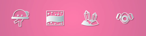 集剪纸矿工头盔，金矿，宝石石和防毒面具图标。纸艺术风格。向量图片下载