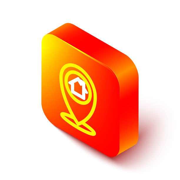 等距线地图指针与房屋图标孤立在白色背景。主位置标记符号。橙色平方按钮。向量图片下载