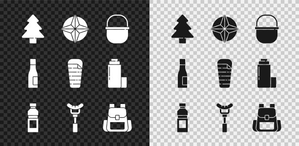 Set Forest, Wind rose, Camping pot, Bottle of water, Sausage on the fork, Hiking backpack, and Sleeping bag icon. Set Forest, Wind rose, Camping pot, Bottle of water, Sausage on the fork, Hiking backpack, and Sleeping bag icon。向量图片下载