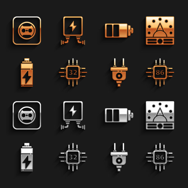 设置处理器微电路CPU，安培表，万用表，电压表，电插头，电池，充电水平指示器，插座和变压器图标。向量图片下载