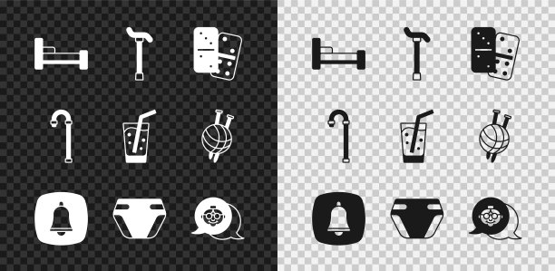 设置床，拐杖拐杖，多米诺，紧急电话，成人尿布，祖母，玻璃水图标。向量图片下载