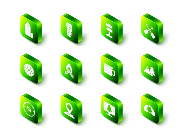 设置睡袋，道路交通路标，球拍，有树的山，游客帐篷，野营金属杯，森林的位置和图标。向量图片下载