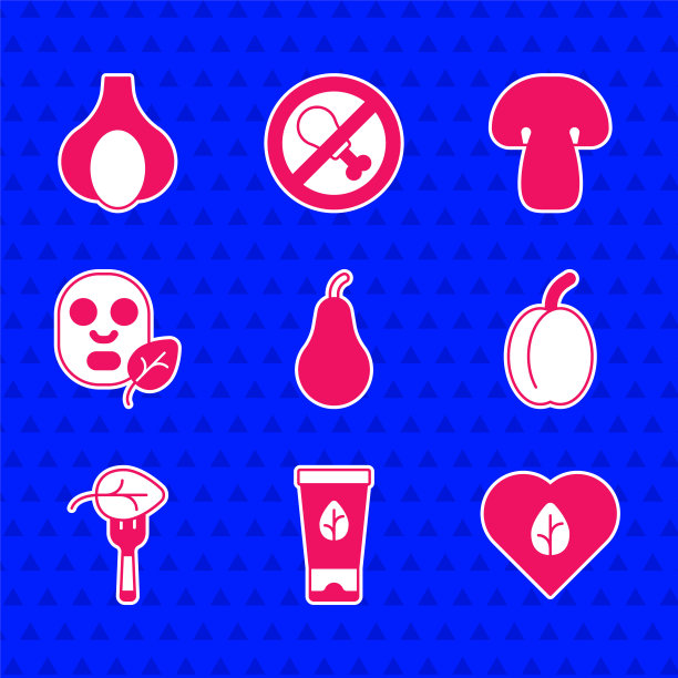 集梨、有机化妆品、素食饮食、李子水果、面膜、蘑菇和大蒜icon。向量图片下载