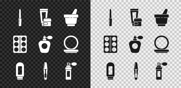 固定指甲锉，霜或乳液化妆管，研钵和杵，睫毛刷，香水，眼影调色板和图标。向量图片下载