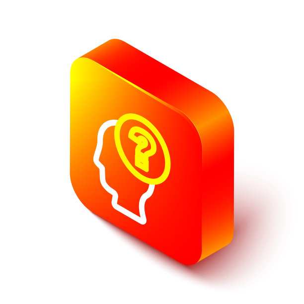 等距线人头与问号图标孤立在白色背景。橙色平方按钮。向量图片下载