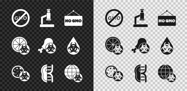 设置无转基因，显微镜，转基因肉，橙子和转基因研究鸡图标。向量图片下载