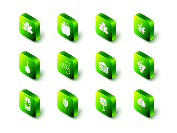 设置苹果，叶子或叶子，葡萄水果，农场房子，树和图标。向量图片下载