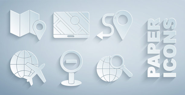 设置停止标志，路线位置，地球与飞行的飞机，放大镜地球，城市地图导航和折叠标记图标。向量图片下载