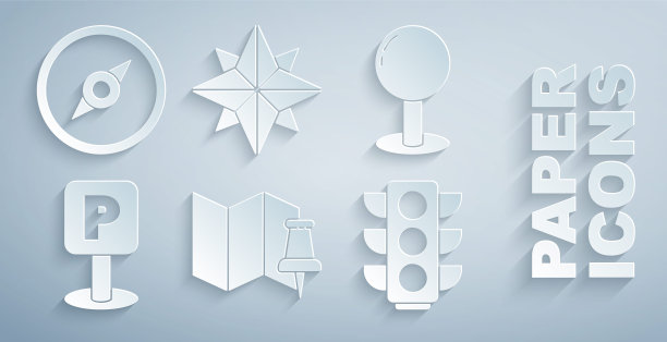 设置折叠地图与推针，推，停车，交通灯，风玫瑰和指南针图标。向量图片下载