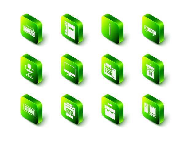 设置办公文件夹，铅笔与橡皮擦，电影，电影，媒体投影仪，日历，电脑显示器，电话，公文包和打印机图标。向量图片下载