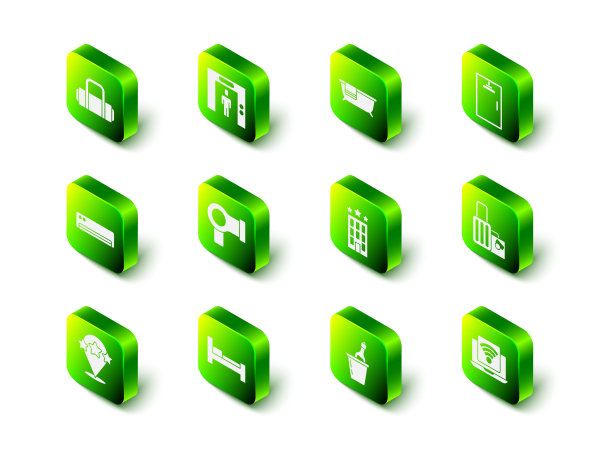 电梯，浴缸，淋浴房，手提箱，无线笔记本电脑，酒店大楼，香槟，冰桶和房间床图标。向量图片下载