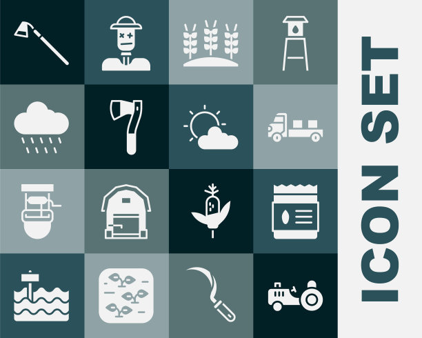 集拖拉机，装满植物种子，皮卡卡车，小麦，木斧，云与雨，花园锄头和太阳和云天气图标。向量图片下载