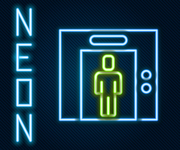 发光的霓虹灯线升降机图标孤立在黑色背景。电梯的象征。色彩斑斓的轮廓的概念。向量图片下载